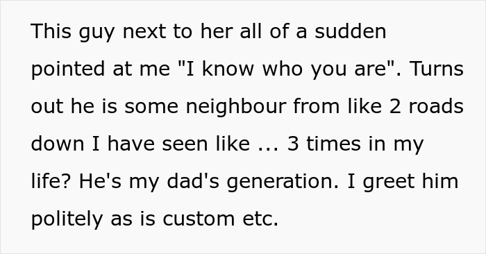 Text discussing an unexpected encounter with a neighbor, illustrating social customs and generational differences; related to fat-shaming. Text discussing an unexpected encounter with a neighbor, illustrating social customs and generational differences; related to fat-shaming.