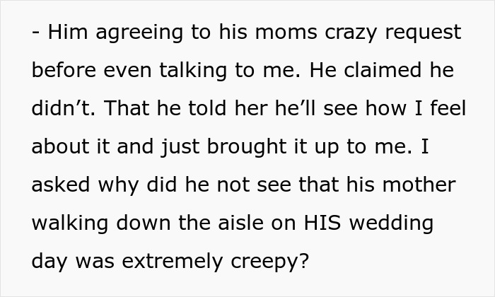 Text screenshot discussing a fianc&eacute;'s unusual request about wedding dress color for his mother's comfort.