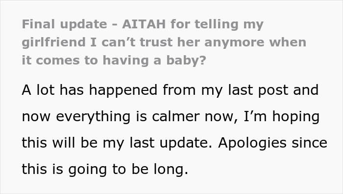 Text discussing trust issues with girlfriend about baby drama, final update.