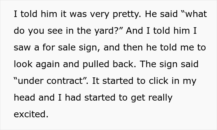 Text describing a fiance surprise house prank with a yard's "under contract" sign, revealing excitement.
