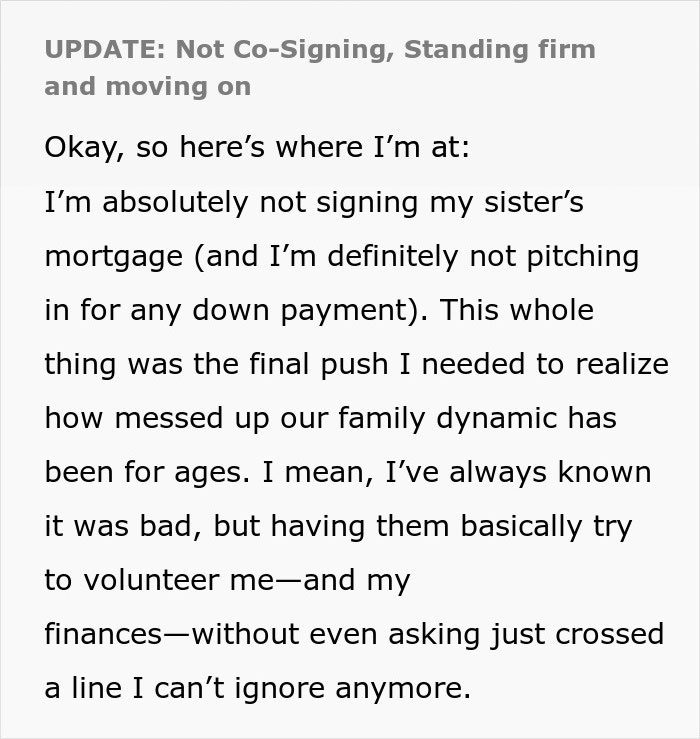 Text about a woman protecting finances by not co-signing sister's mortgage.