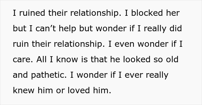 Text expressing ex-husband's regret after a painful comment from ex-wife. Text expressing ex-husband's regret after a painful comment from ex-wife.