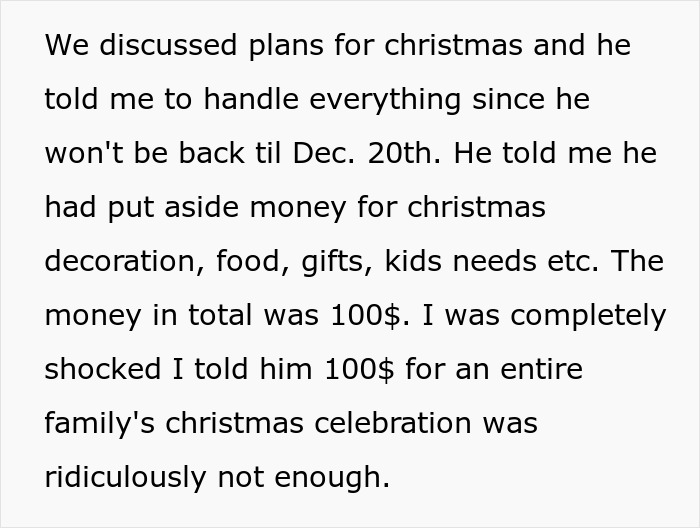 Text highlighting a man's plan for wife to organize Christmas with $100; she argues it's insufficient.