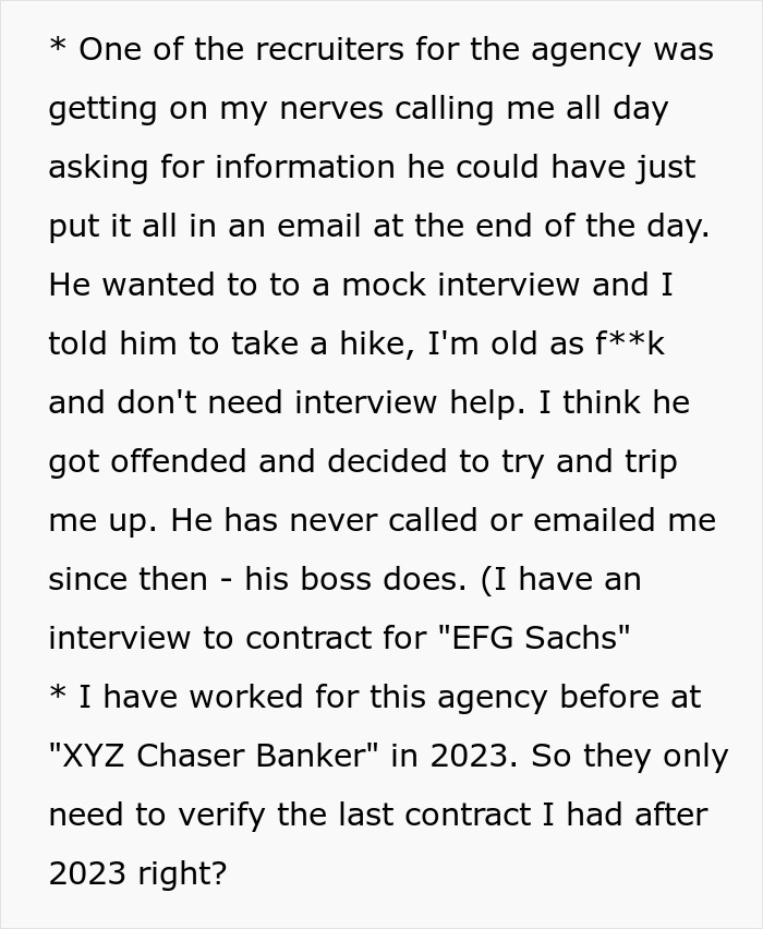 Text discussing a background check exposing an applicant's lies about past employment details.