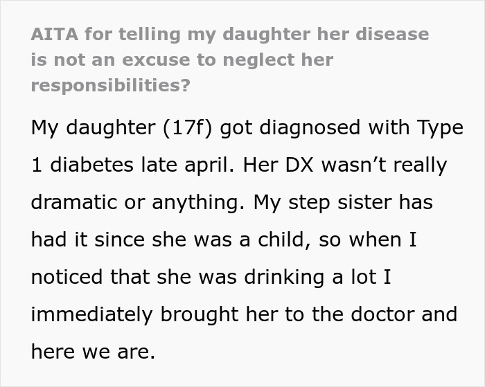 Text about mom's perspective on daughter's illness and chores, sparking debate.