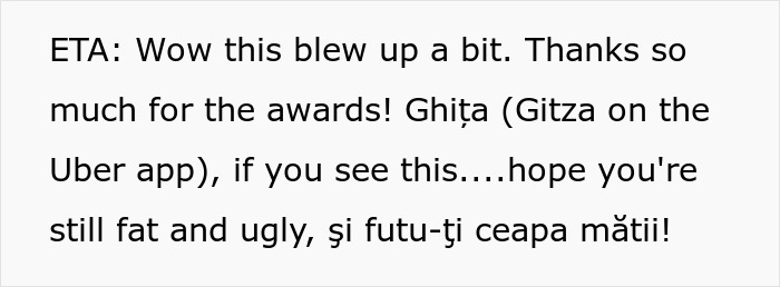 Text screenshot with response to fat-shaming incident, mentioning awards and addressing a driver. Text screenshot with response to fat-shaming incident, mentioning awards and addressing a driver.