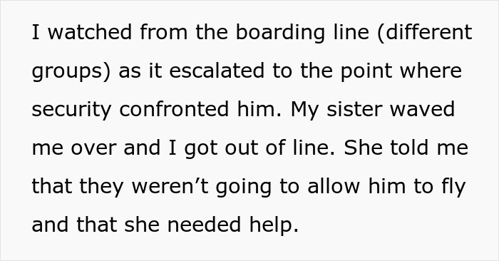 Text conversation about an airport scene involving security and a drunken BIL.