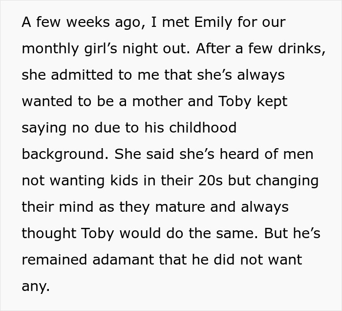 Text describing a conversation about wanting children and a husband's reluctance.