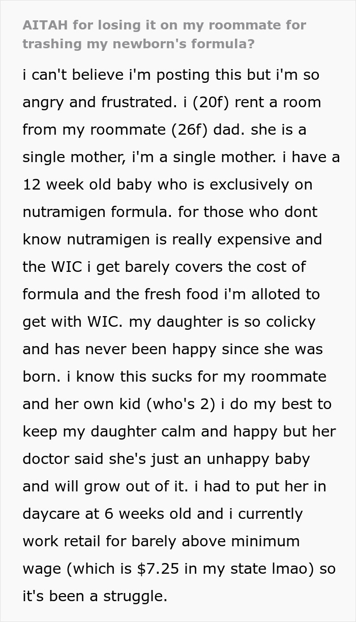 Text about roommate conflict over baby formula being thrown out. Text about roommate conflict over baby formula being thrown out.