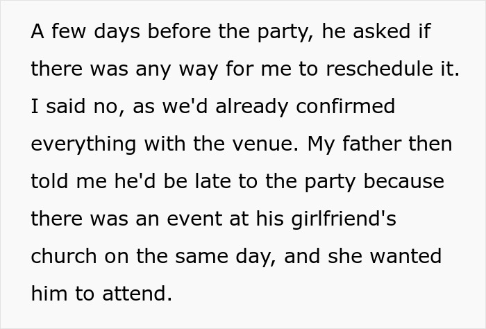 Text describing a scheduling conflict before a father-son birthday party.
