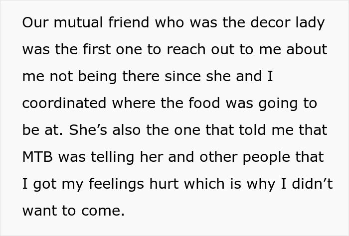 Text image describing a conversation about being uninvited from a baby shower and the food delivery issue. Text image describing a conversation about being uninvited from a baby shower and the food delivery issue.