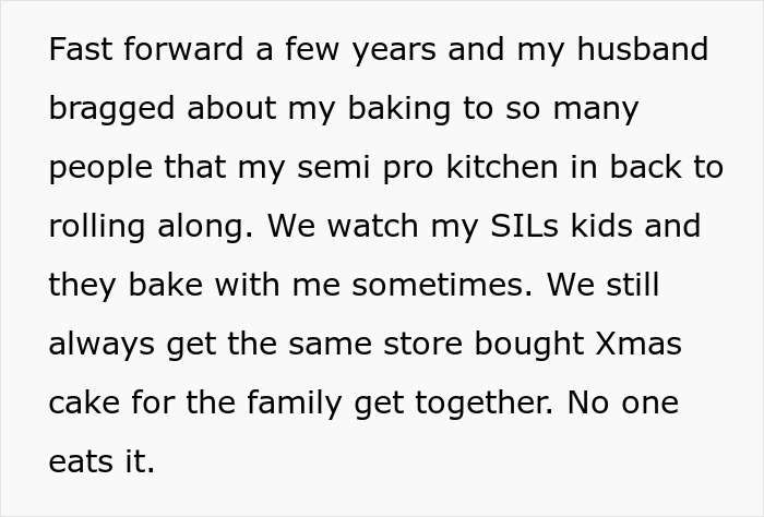 Text story about baking experiences and kids, mentioning SIL's kids baking together.