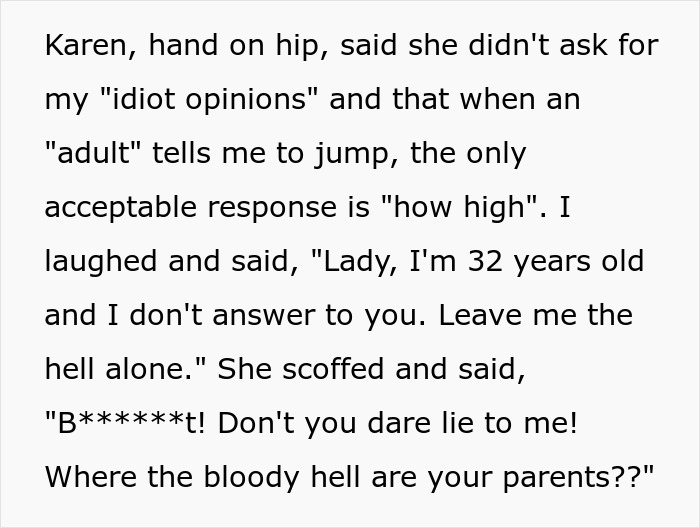 Text conversation involving an angry woman demanding a seat at a shopping mall.