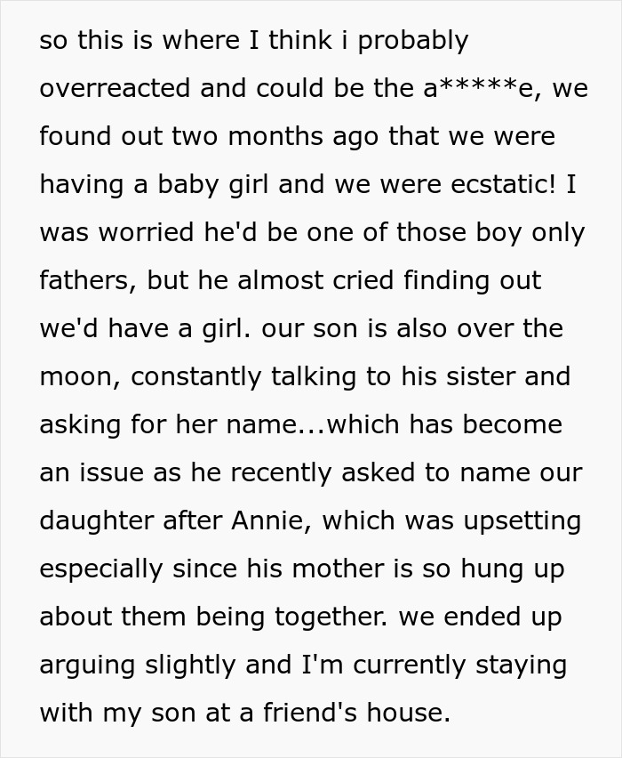 Text describing family drama over mother-in-law's treatment, involving baby girl's name and son's late school crush.