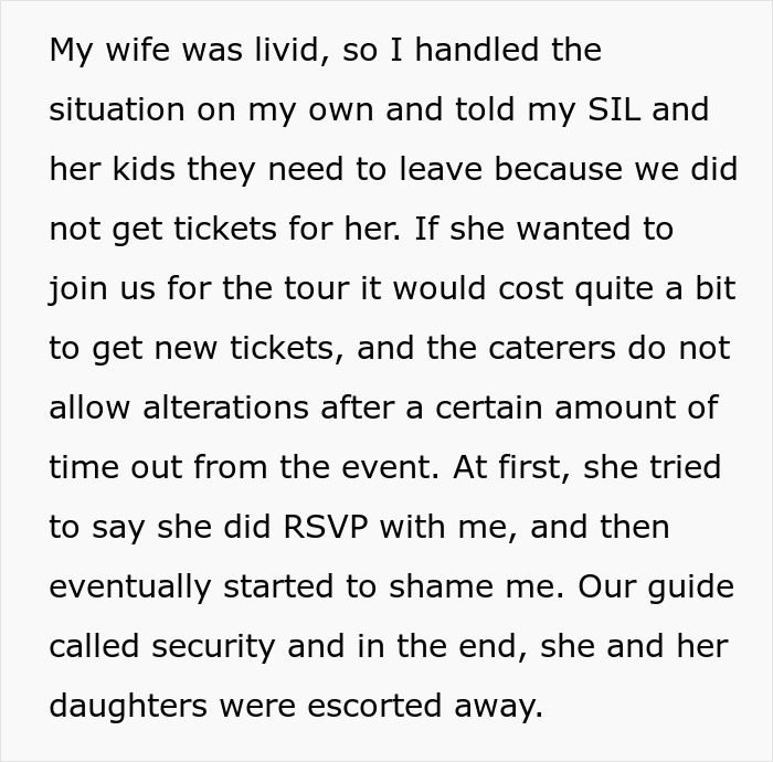 Text detailing an aunt and her kids being sent home from a birthday party for not RSVPing.