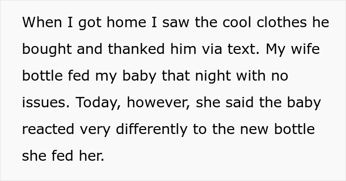 Text discussing a baby's reaction to a new bottle, mentioning wife's refrigerated breast milk and cow milk. Text discussing a baby's reaction to a new bottle, mentioning wife's refrigerated breast milk and cow milk.