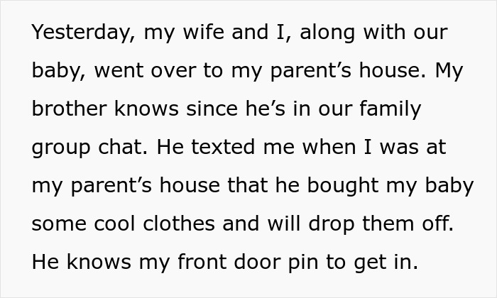 Text message about brother visiting and dropping off baby clothes. Text message about brother visiting and dropping off baby clothes.