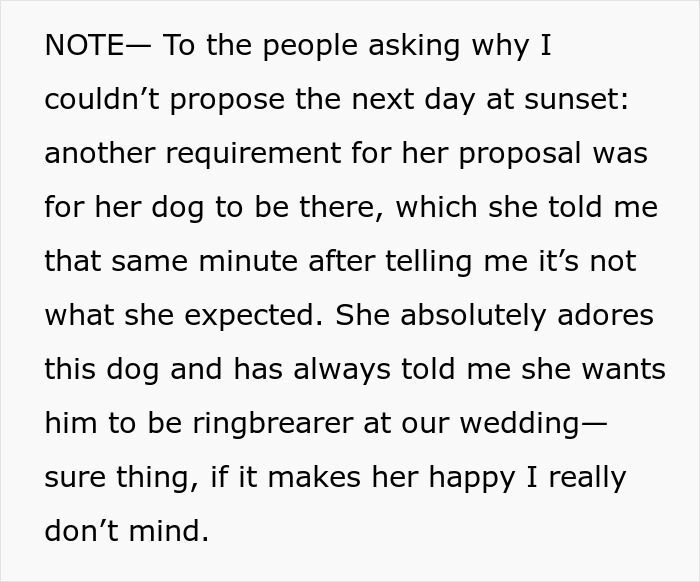 Text discussing proposal requirements, dog as ring bearer, and regret about not meeting expectations.