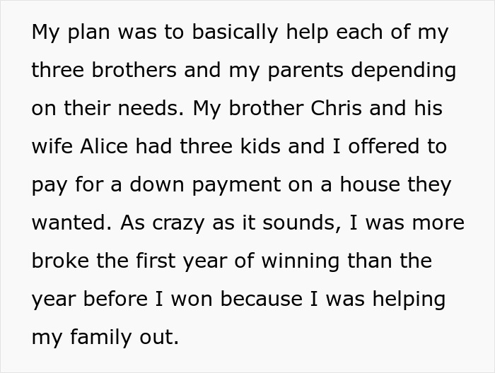 Text about helping a brother with finances and debt, discussing family and financial support.