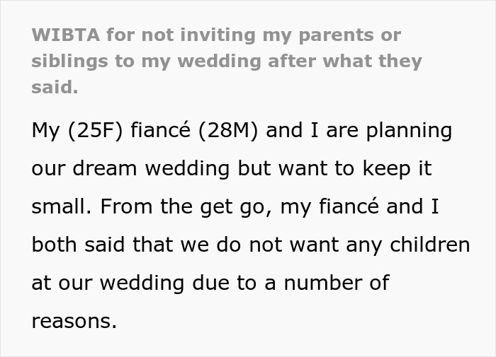 Text expressing couple's wish for a child-free wedding to avoid turning their dream into a nightmare.