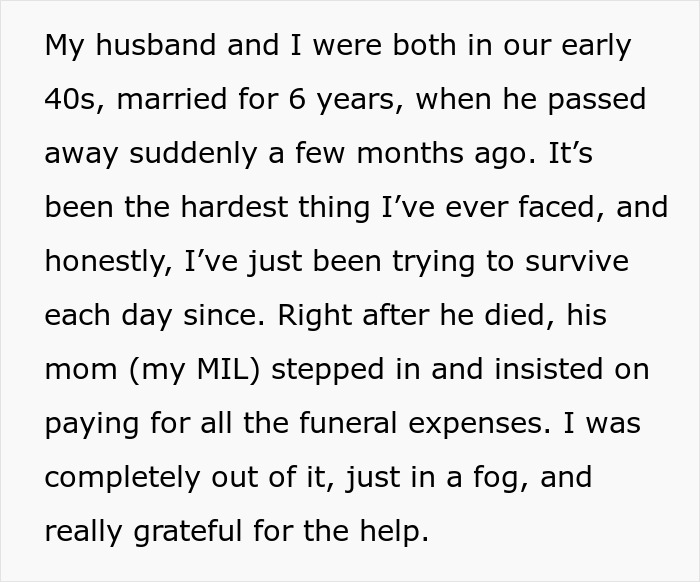 Widow recounting grief after husband's sudden passing; mother-in-law covers funeral, expecting life insurance repayment. Widow recounting grief after husband's sudden passing; mother-in-law covers funeral, expecting life insurance repayment.