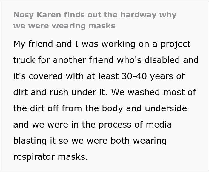 Text explaining why people wear respirator masks while cleaning a project truck.