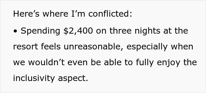 Text about groomsman's struggle with affording a $2,400 destination wedding expense for three nights at a resort. Text about groomsman's struggle with affording a $2,400 destination wedding expense for three nights at a resort.