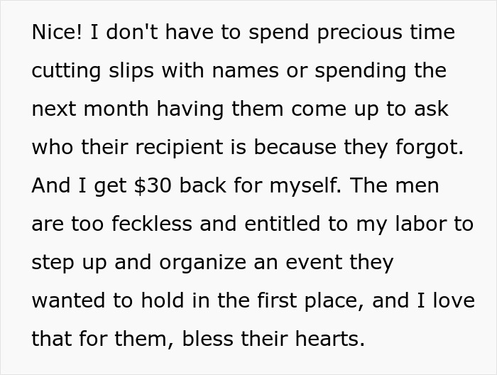 Text expressing frustration about organizing Secret Santa, highlighting women's decision to stop participating.