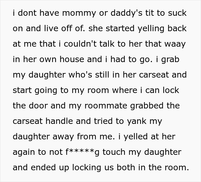 Text exchange about a disagreement over baby formula, with a tense argument involving a roommate and a car seat. Text exchange about a disagreement over baby formula, with a tense argument involving a roommate and a car seat.