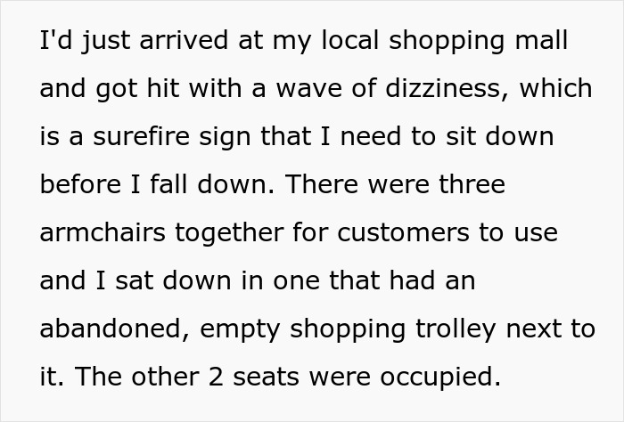 Text about feeling dizzy at a shopping mall and needing a seat.