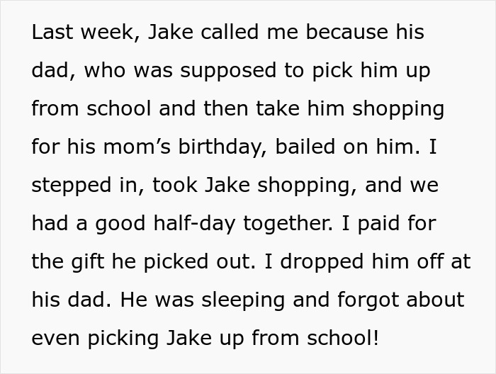 Text about a husband stepping in when his wife's ex bails on their child.
