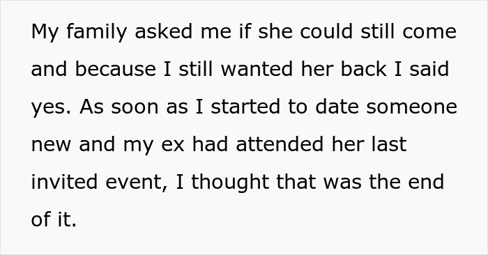 Text discussing family inviting ex to Thanksgiving and Christmas; person reflects on allowing her to attend past events.