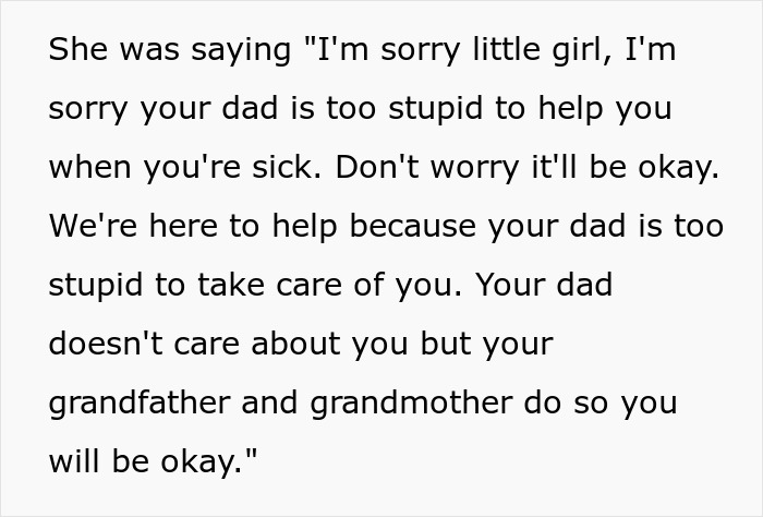 Text excerpt criticizing a father in front of his daughter by overbearing MIL. Text excerpt criticizing a father in front of his daughter by overbearing MIL.