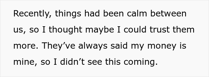 Text discussing personal trust and financial independence between parents and daughter. Text discussing personal trust and financial independence between parents and daughter.