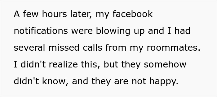 Text about roommates' reactions to a woman's unexpected secret discovered on Facebook. Text about roommates' reactions to a woman's unexpected secret discovered on Facebook.