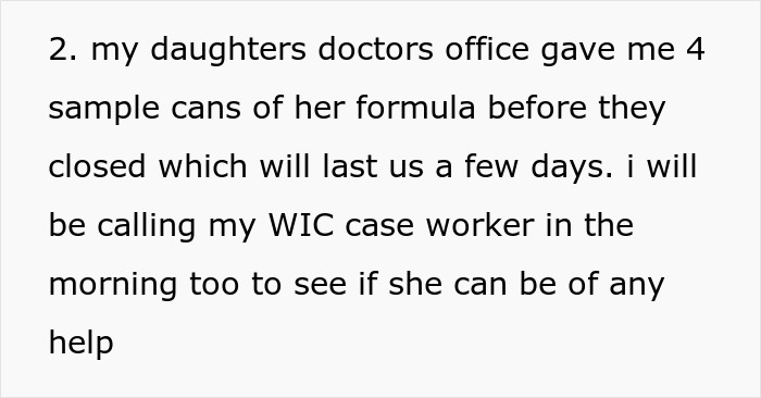 Text discussing obtaining baby formula from a doctor's office and contacting a WIC case worker for assistance. Text discussing obtaining baby formula from a doctor's office and contacting a WIC case worker for assistance.