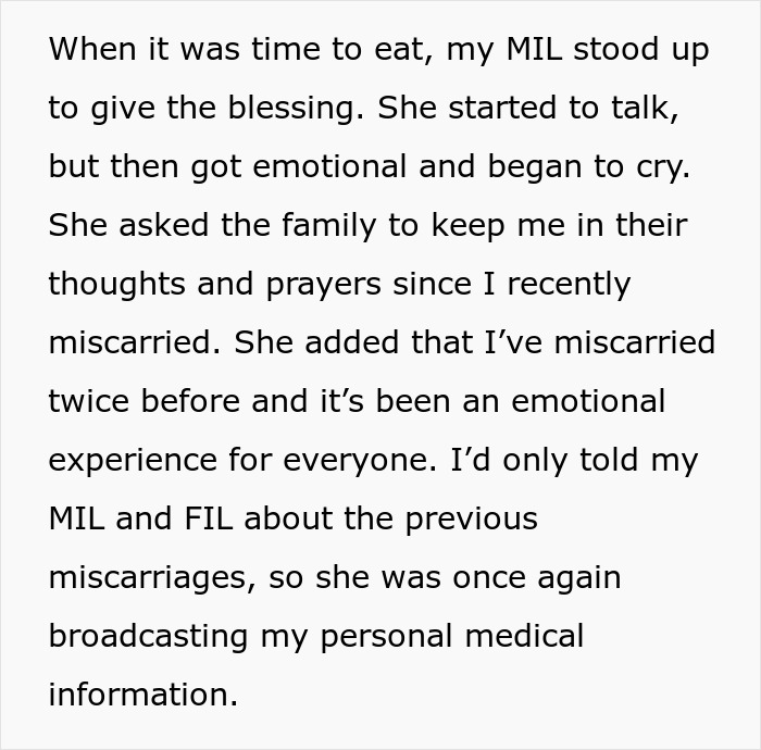 Text from an article discussing a woman&rsquo;s Thanksgiving affected by MIL revealing her miscarriages.