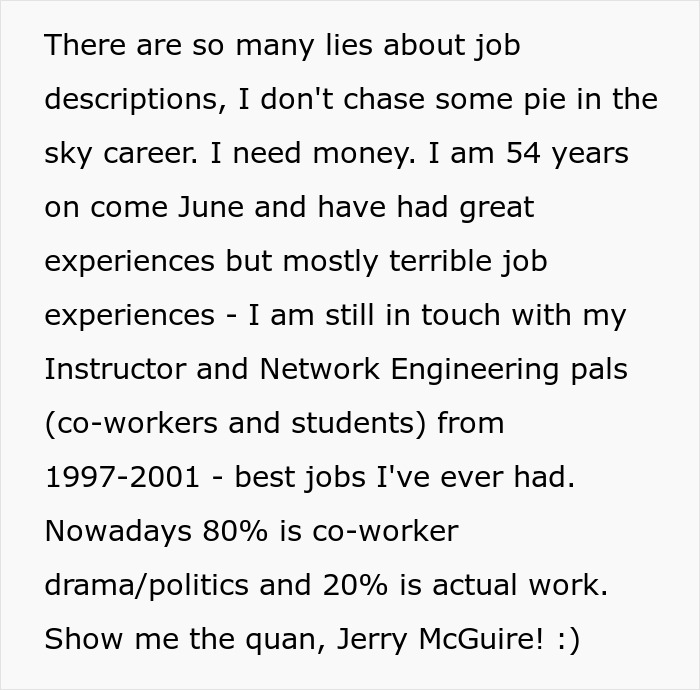 Text from a job applicant discussing career experiences and workplace politics.