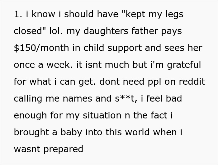 Text discussing child support and parental struggles, mentioning baby formula incident. Text discussing child support and parental struggles, mentioning baby formula incident.