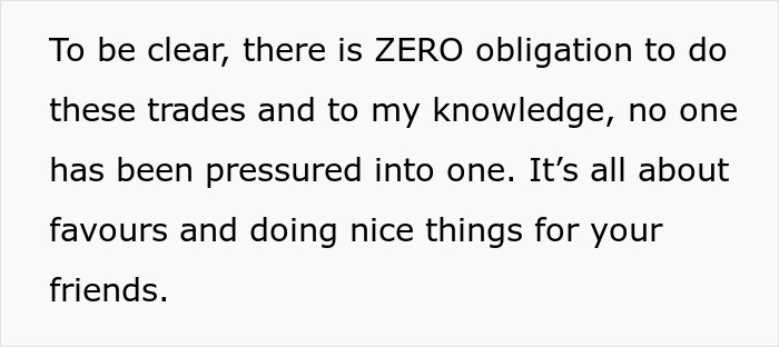 Text about voluntary trades and favors among friends, emphasizing zero obligation. Text about voluntary trades and favors among friends, emphasizing zero obligation.
