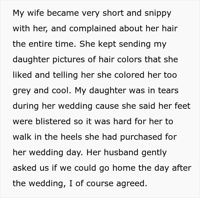 Text describing wedding day conflict over hair, leading to tears and discomfort.