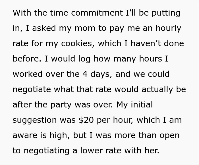 Text discussing a daughter charging her parents for making Christmas cookies, negotiating hourly pay. Text discussing a daughter charging her parents for making Christmas cookies, negotiating hourly pay.