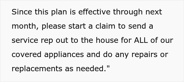 Text on a white background about making service claims for appliance repairs under a plan effective until next month.