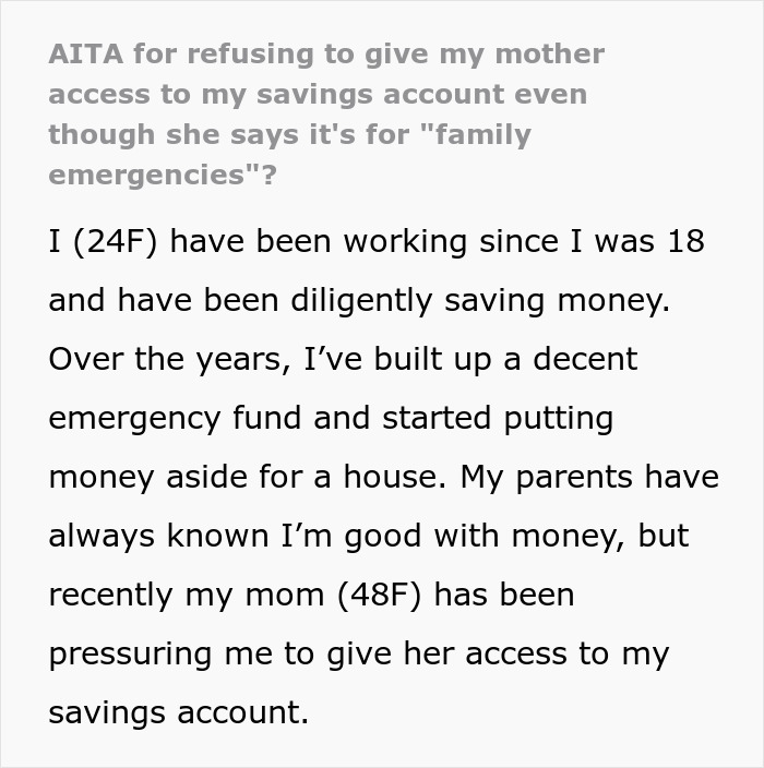 Text about refusing mother access to savings for money and family emergencies. Text about refusing mother access to savings for money and family emergencies.