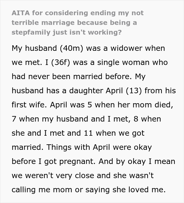 Text discussing mom considering ending marriage over stepdaughter's behavior towards new baby. Text discussing mom considering ending marriage over stepdaughter's behavior towards new baby.