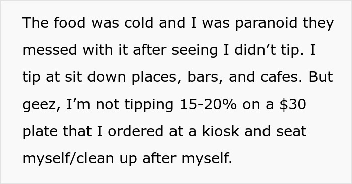 Text describing a customer&rsquo;s experience with cold food and no tip situation.