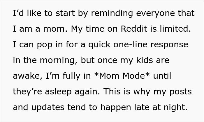 Text screenshot about being a mom and limited Reddit time, discussing daily schedule adjustments.