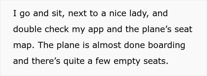 Text describing a plane passenger ensuring their seat selection amidst boarding, with some empty seats visible.