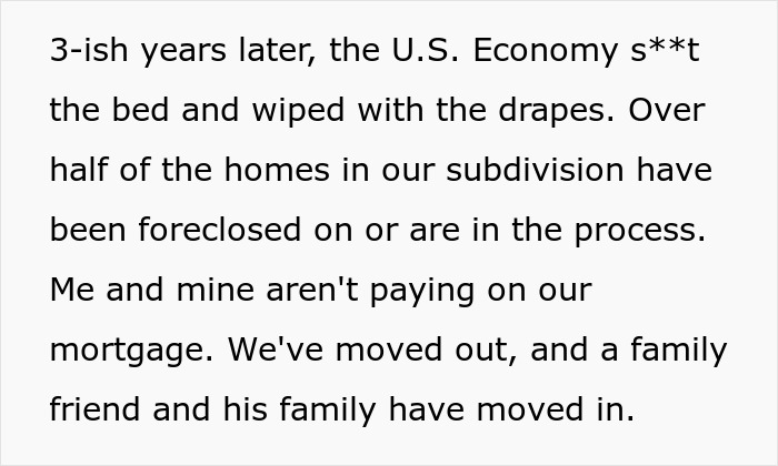 Text describing economic downturn, foreclosures, and homeownership issues in a subdivision. Text describing economic downturn, foreclosures, and homeownership issues in a subdivision.