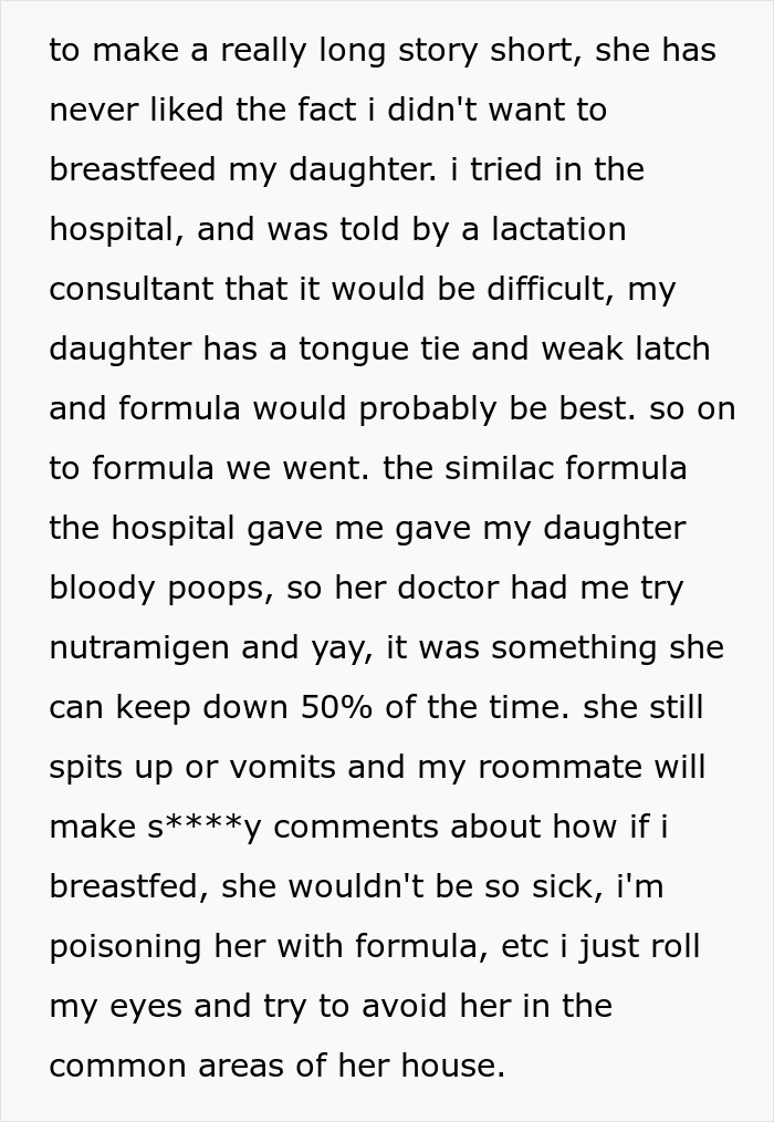 Text about roommate calling baby formula "poison" and issues with breastfeeding, followed by tension in shared spaces. Text about roommate calling baby formula "poison" and issues with breastfeeding, followed by tension in shared spaces.